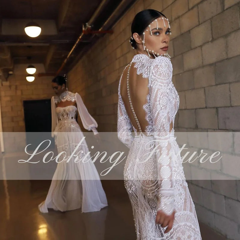 Boho Backless Wedding Dresses A-Line Long Sleeves Floor Length Robe De Mariee Sexy High Side Slit Beach Simple Bridal Gowns 2024