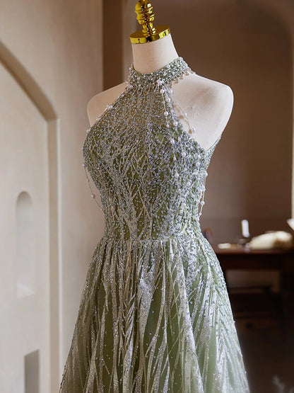 Nuevos vestidos de noche de lujo de color verde con cuello halter y corte A 2024, vestido de cuentas con textura de alta gama para fiesta de bodas de mujer