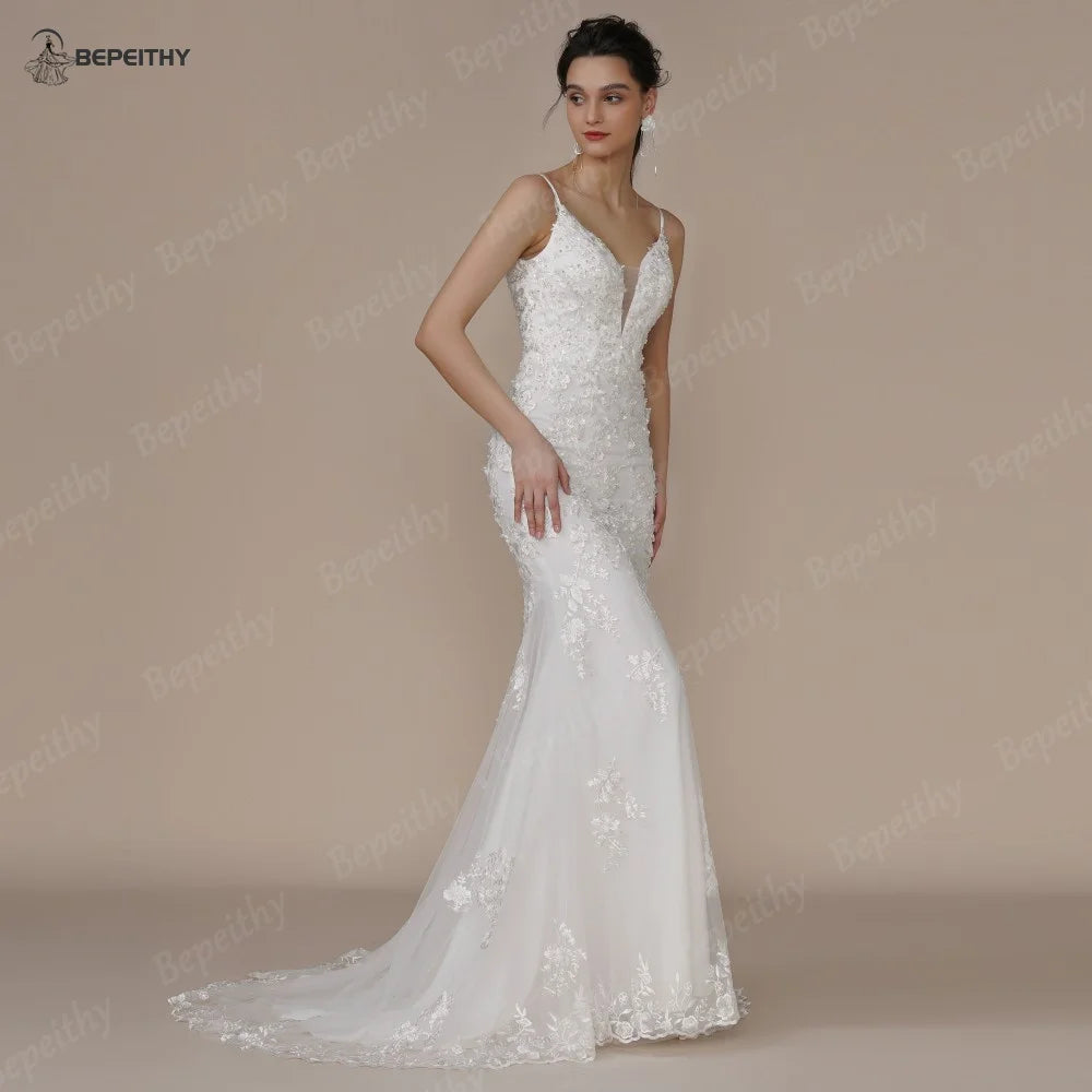 BEPEITHY Mermaid Lace Wedding Dresses For Women Sleeveless 2023 Sweep Train Ivory Trumpet Bride White Bridal Gown V Neck Vestido