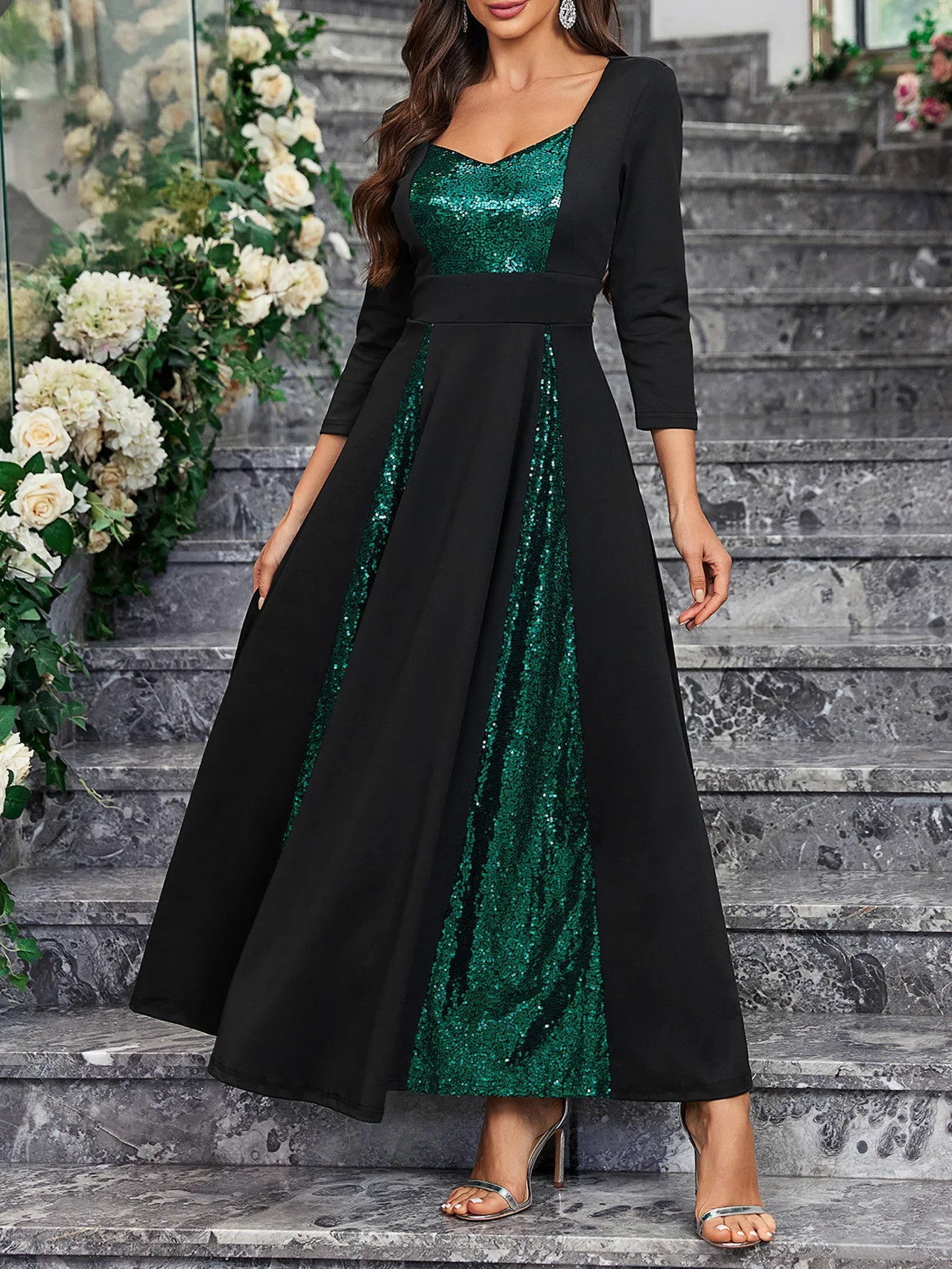 Women'S Vintage Full Sequin Formal Long Dress V Neck Open Back Wedding Party Gowns 2024 Stretchy Graduation Cocktail Prom Dress