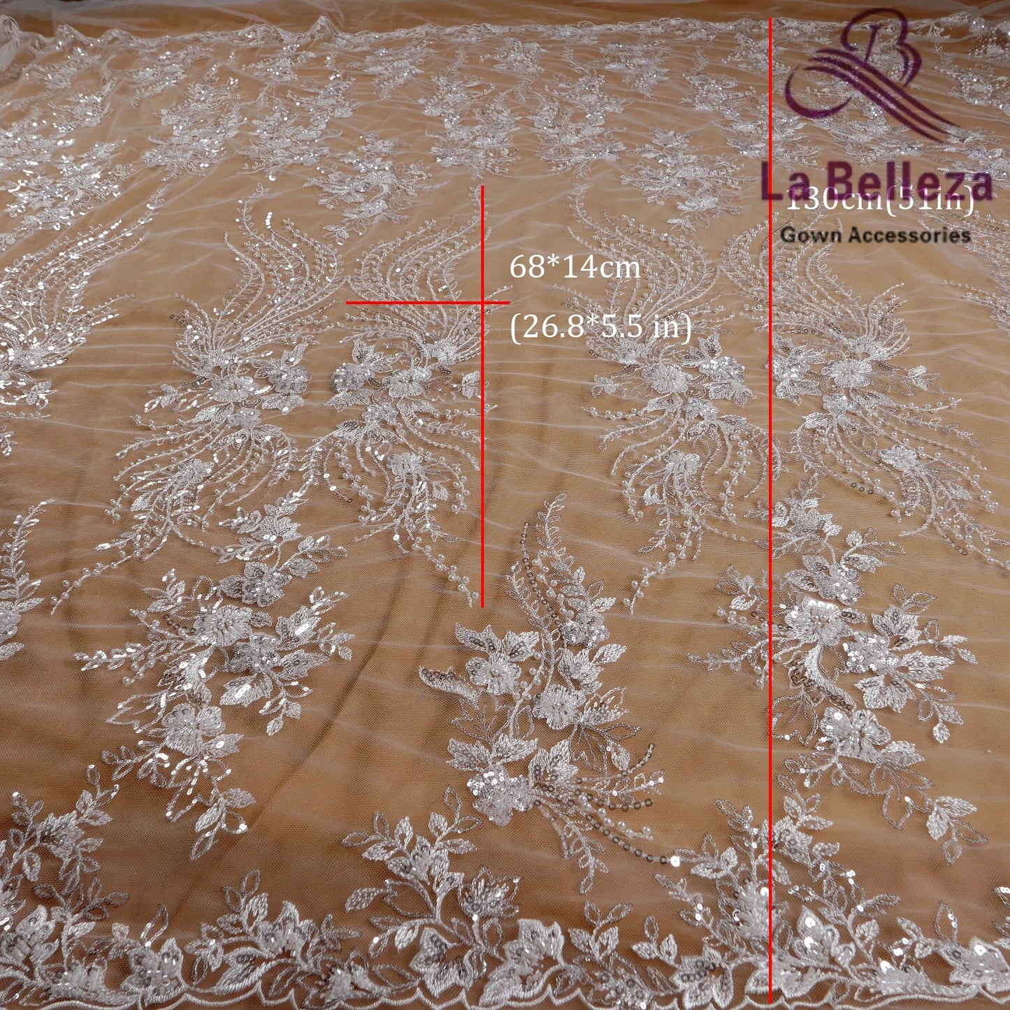 Tissu brodé en perles de riz blanc ivoire, 1 mètre, pour robe de mariée, imitation de fleurs et feuilles