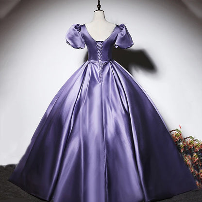 Robe de soirée en satin violet à manches courtes plissée, coupe trapèze, col en V, lacets, longueur au sol, mode, grande taille, robes de soirée pour femme XE090