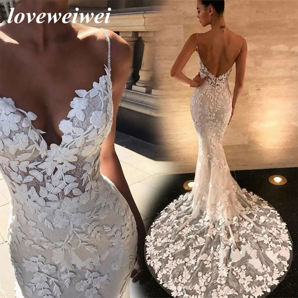 Boho Wedding Dresses Mermaid Bridal Dress 2022 Spaghetti Straps Backless Lace Appliques Beach Bride Gowns Vestido De Noiva