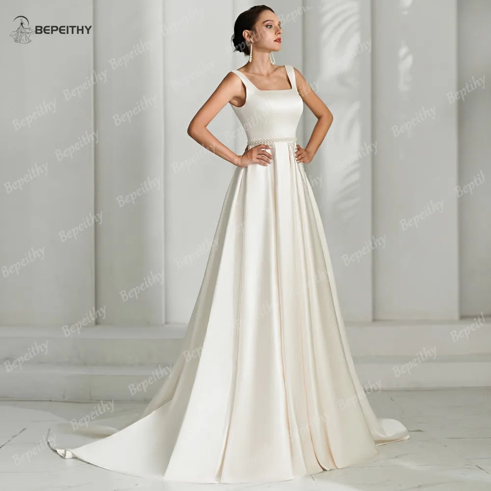 BEPEITHY 2024 Square A Line Wedding Dresses Sleeveless Sweep Train Open Back Vintage Bride Ivory Bridal Gown Vestidos De Novias