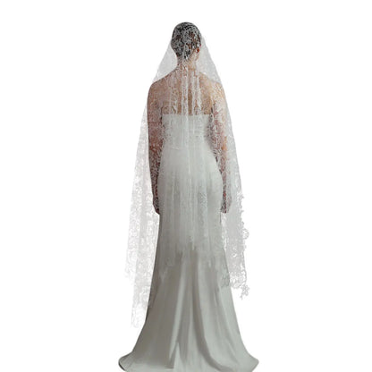 V311 Voile de mariée haut de gamme pour robe de mariée Voile de mariée long en dentelle ajourée à une couche, fait à la main, blanc