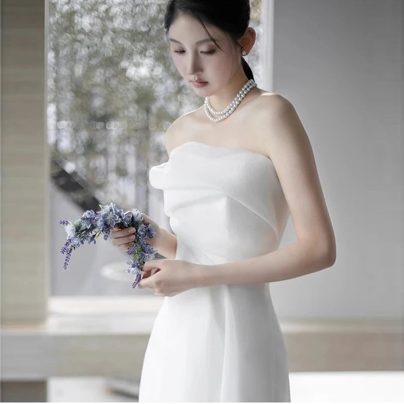 Mermaid Satin Wedding Dress strapless one-shoulder Short-Sleeve Plus Size For Women Princess Robe de Mariee