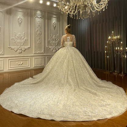 Gorgeous  A-Line Wedding Dress For Women Appliques Sequins Bridal Gown O-Neck Skirt Court Train Long Sleeves Dresses