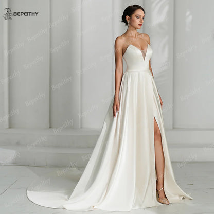 BEPEITHY Ivory Satin A Line Wedding Dresses For Women 2024 Sweetheart Sexy High Slit Sweep Train White Bride Boho Bridal Gown