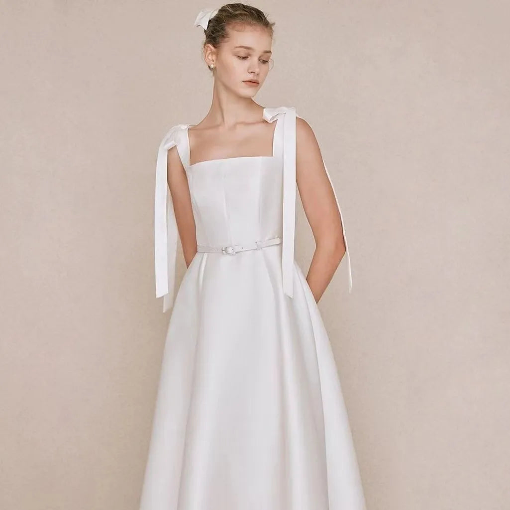 Robe De Mariée Simple avec nœud, bretelles Spaghetti, Robe De Mariée, fente haute, élégante