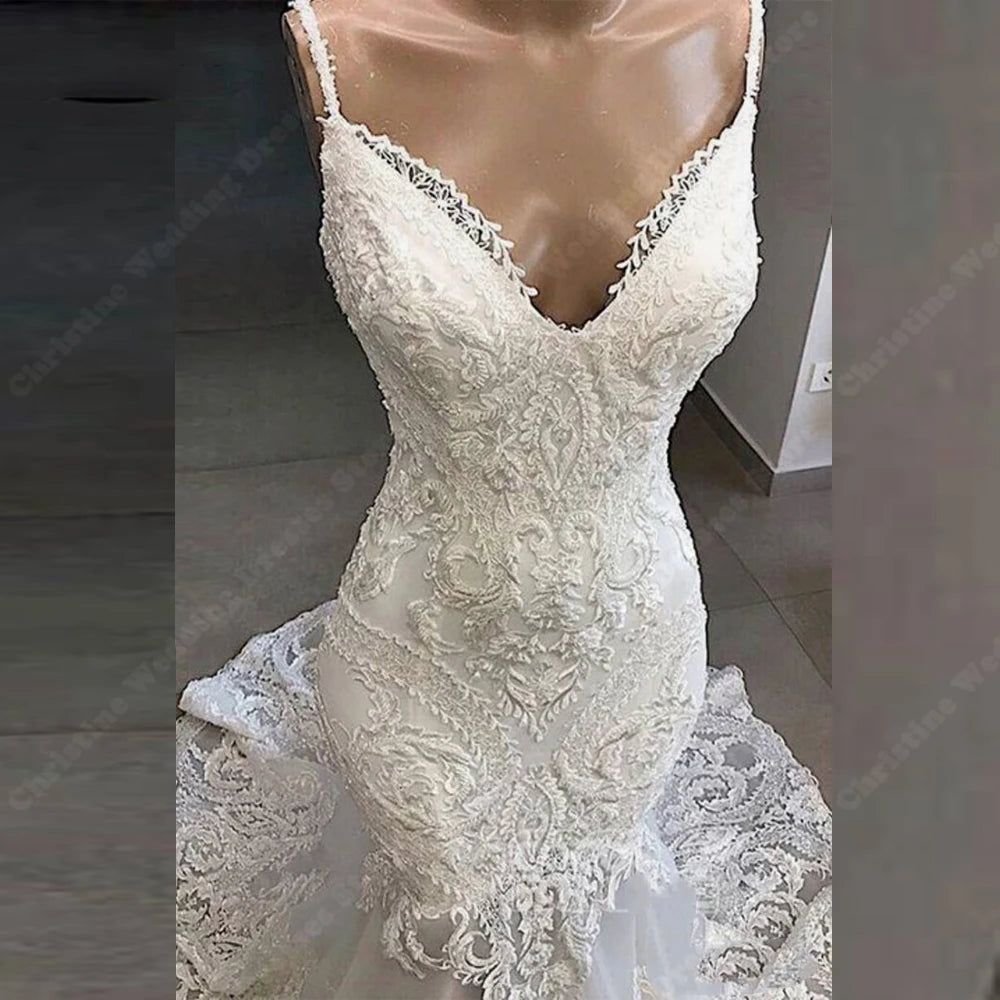 Vestidos de novia de verano de sirena sexys con escote en V para mujer, vestidos de novia con estampado de encaje sin espalda, elegantes vestidos de novia largos con tren