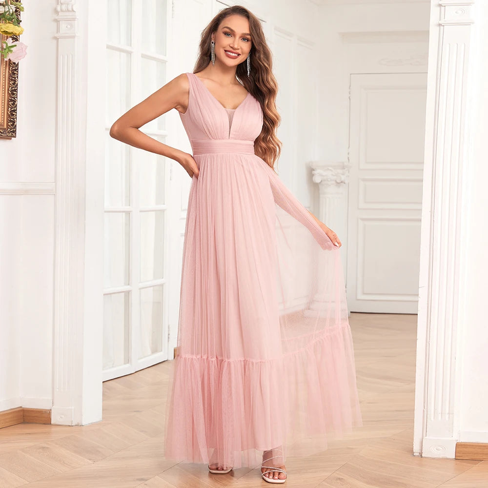 New Women Elegant V-neck Sleeveless Tulle Evening Dress A-Line Fluffy Gauze Wedding Bridesmaid Party Dress