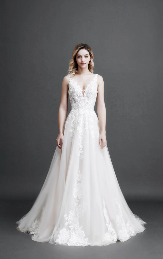 Robe de mariée élégante en dentelle A-Line pour femme, coupe ajustée, col en V, dos nu, robe de mariée, nouvelle collection 2024, robe de soirée avec appliques de fleurs 3D