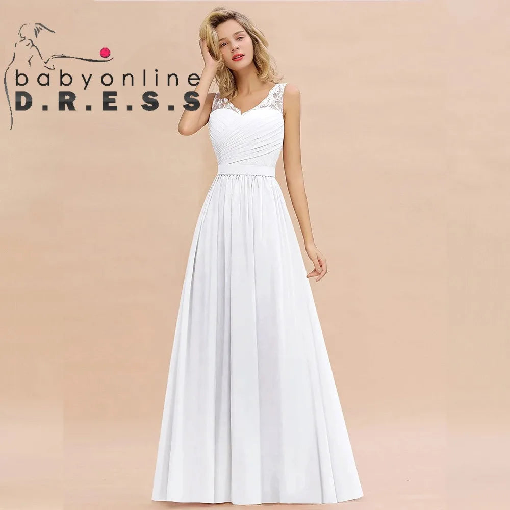 BABYONLINE Boho Wedding Dress V-neck Pleated Bodice See-through Lace Cap Sleeves Maxi Flowy A-Line Skirt Fomral Party Gown