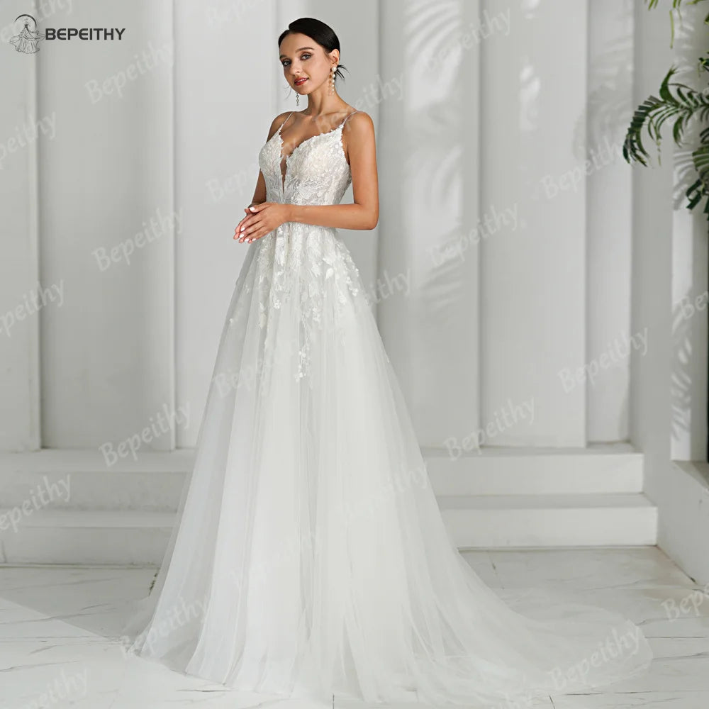 BEPEITHY Sexy Deep V Neck Lace Bride Ivory Wedding Dresses For Women 2024 Sleeveless Sweep Train Boho Beach Wedding Party Gown