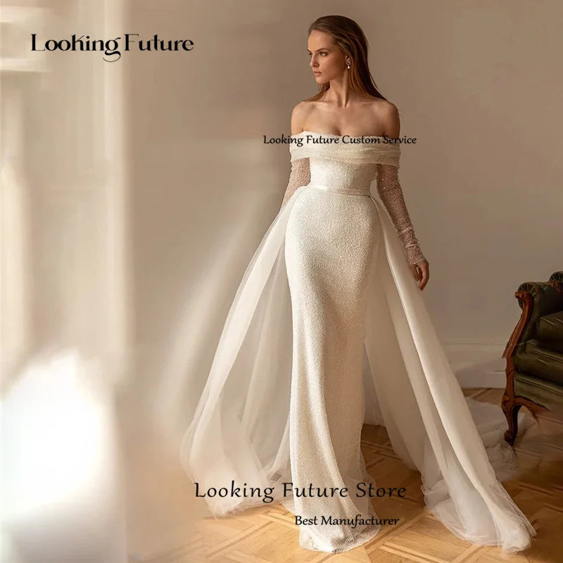 Robe de mariée sirène blanche de luxe perlée à épaules dénudées, robe de mariée sexy dos nu à manches longues sans bretelles, traîne amovible