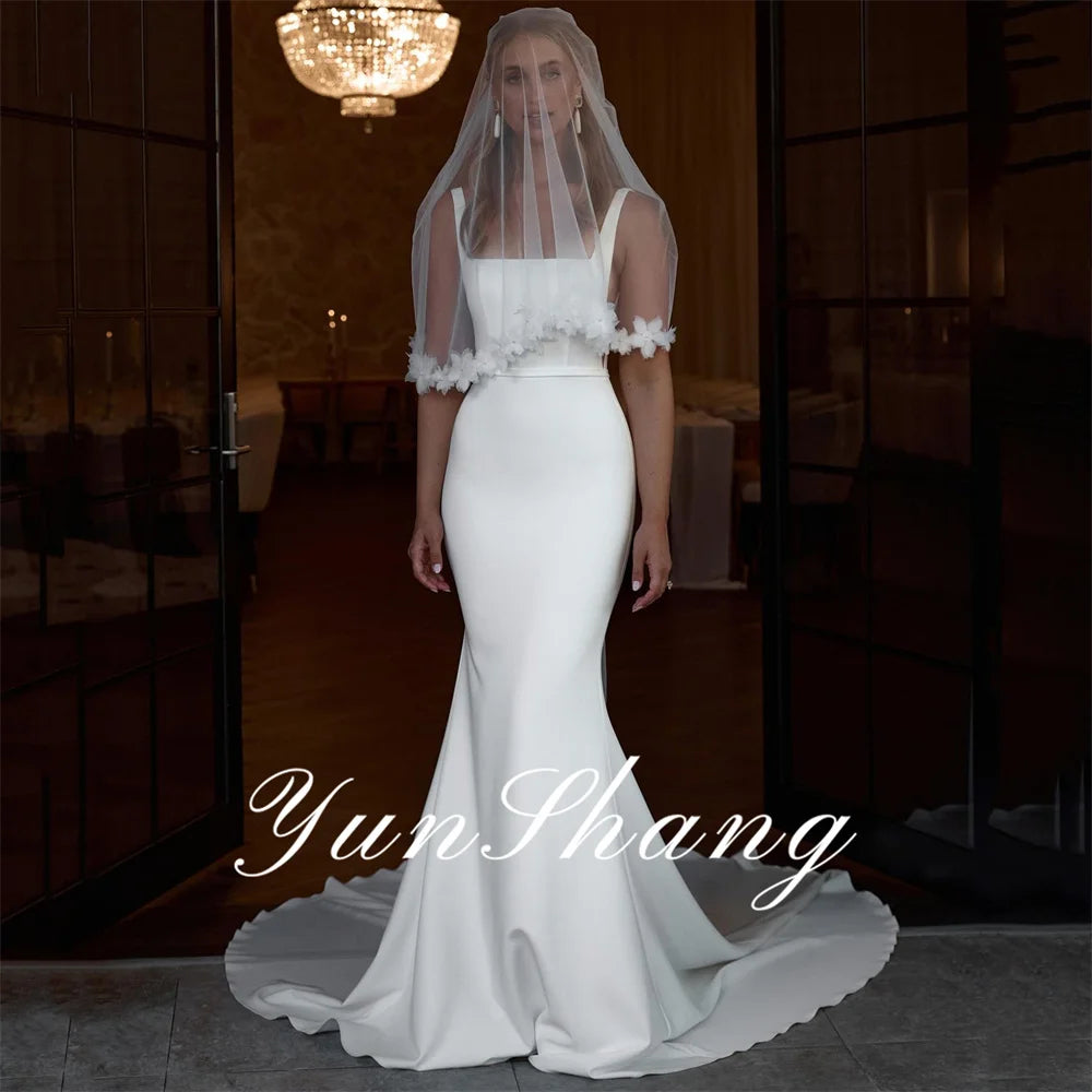 Yunshang Elegante Vestido De Novia De Sirena Con Tirantes Espagueti Cuello Cuadrado Espalda Abierta Vestido De Novia De Satén Con Cola Larga Vestidos De Novia