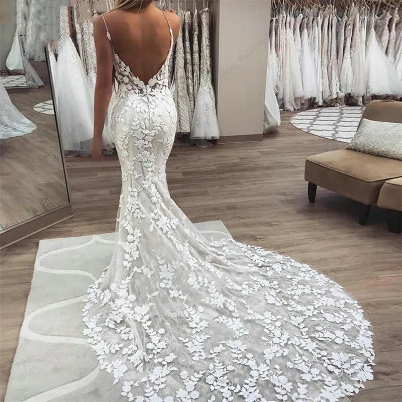 Vestido de novia con apliques de encaje bohemio, vestidos de novia de sirena 2024, tirantes finos, espalda descubierta, vestidos de novia de playa, vestido de novia