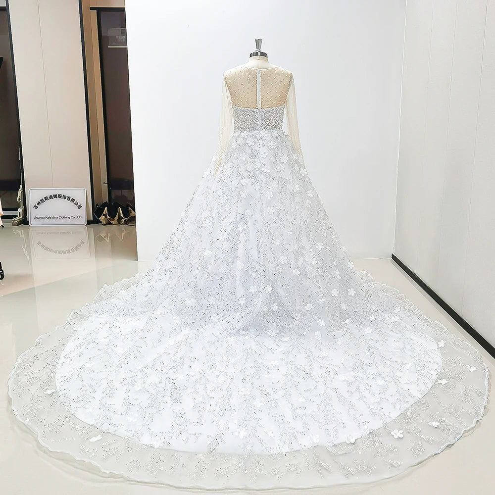 Luxury Crystal Ball Gown Wedding Dresses Sheer Long Sleeve Lace Bridal Gowns 3D Appliqued Chapel Train Plus Size Wedding gown