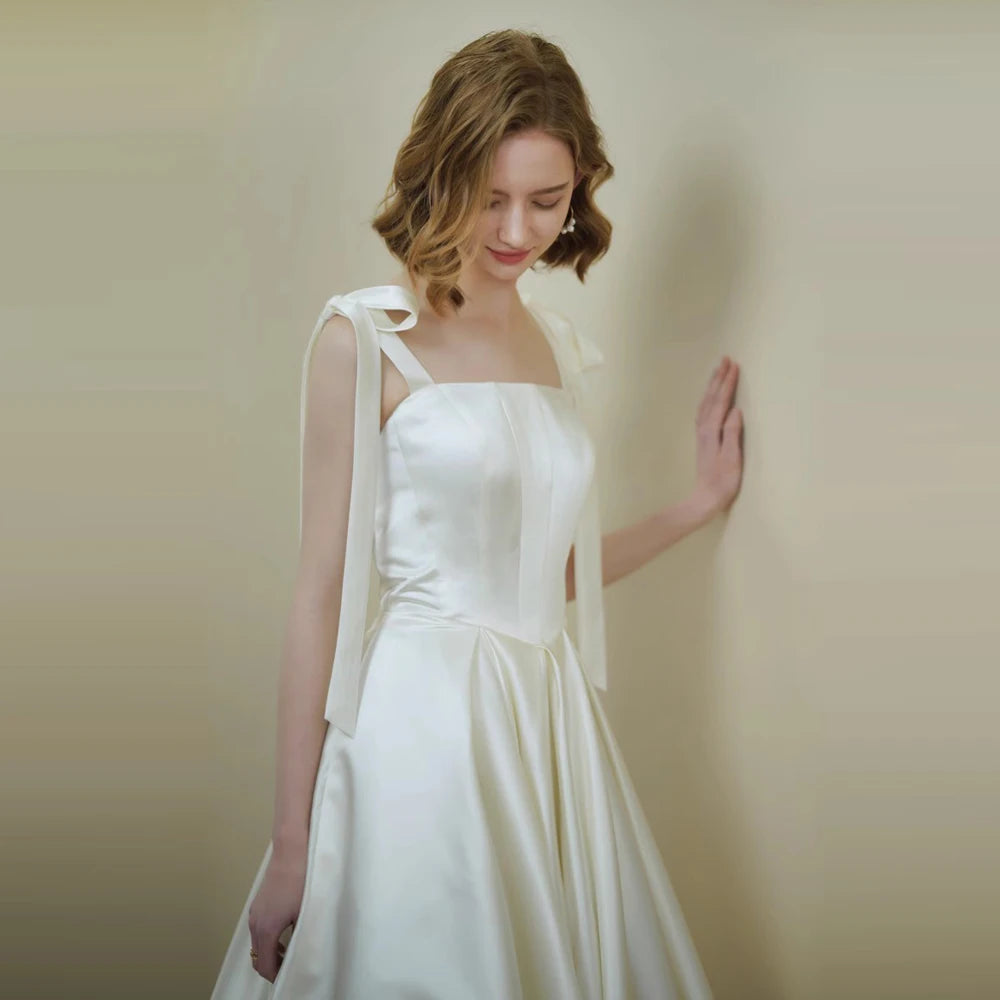 Robe De Mariée Simple avec nœud, bretelles Spaghetti, Robe De Mariée, fente haute, élégante