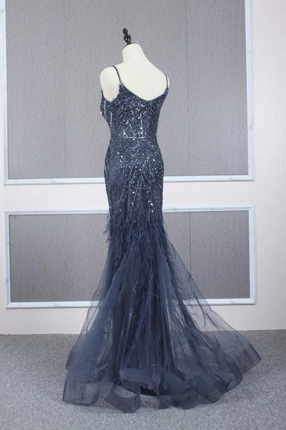 Hot Sale Navy Blue Mermaid Sexy Off Shoulder Beaded Feathers Cover Luxury Evening Dresses Gowns For Women Wedding Party 2024