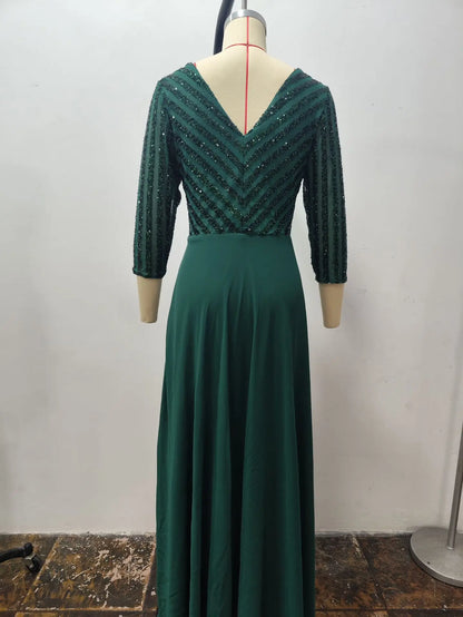 Vestido de dama de honor nuevo de Oriente Medio para mujer, de gasa, con escote en V doble, falda larga, corte A, gran vuelo, con lentejuelas, vestido de noche con empalme