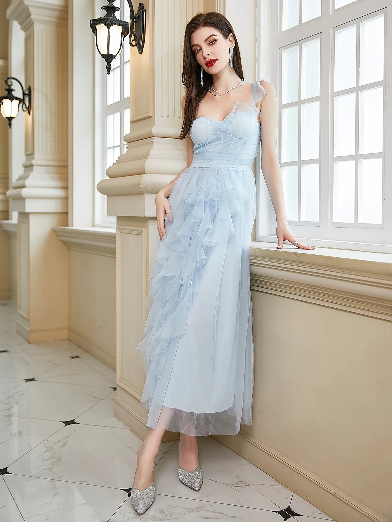 Ladies Birthday Party Wedding Dress One Shoulder Slim Fit Mesh Banquet Elegant Princess Dress 2024