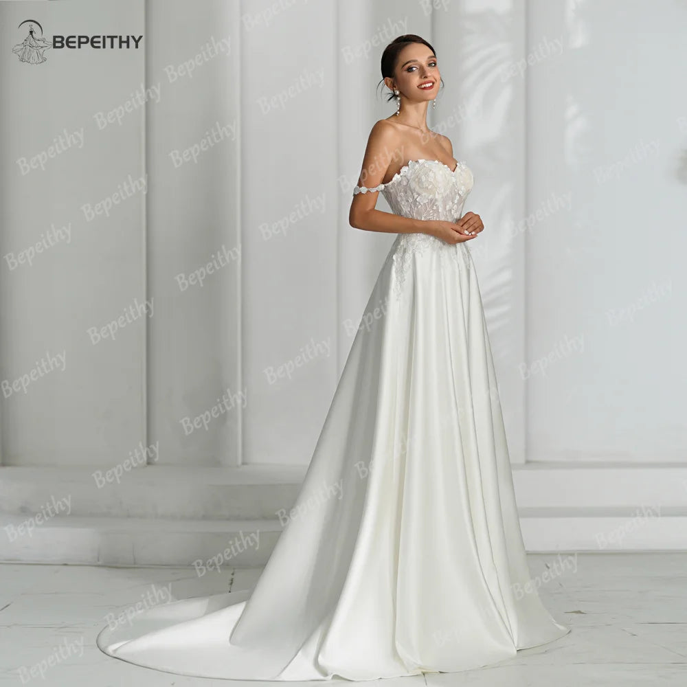 BEPEITHY Sweetheart Ivory A Line Robes de mariée 2023 pour femmes sans manches épaules dénudées Boho Ivoire mariée robe de mariée en satin 2024