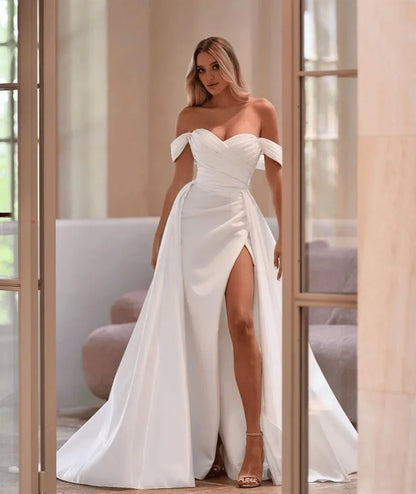 Elegant High Side Slide Wedding Dresses short-Sleeves Stain mermaid off the shoulder Bride Dress vestido novia custom plus size