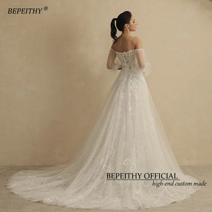 BEPEITHY Shinny Glittle A Line Skirt Ivory Wedding Dresses For Women With Puff Sleeves Sexy Sweetheart Lace Bridal Gown 2022