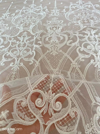 White wedding dress fabric large flower line embroidered French mesh tulle ZLL-51215 African Nigerian lace fabric