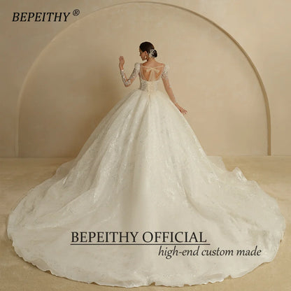 BEPEITHY Exquisitos vestidos de novia de princesa con purpurina para mujer 2022, vestidos de novia de novia color marfil con mangas largas y espalda abierta y brillantes