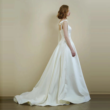 Robe De Mariée Simple avec nœud, bretelles Spaghetti, Robe De Mariée, fente haute, élégante