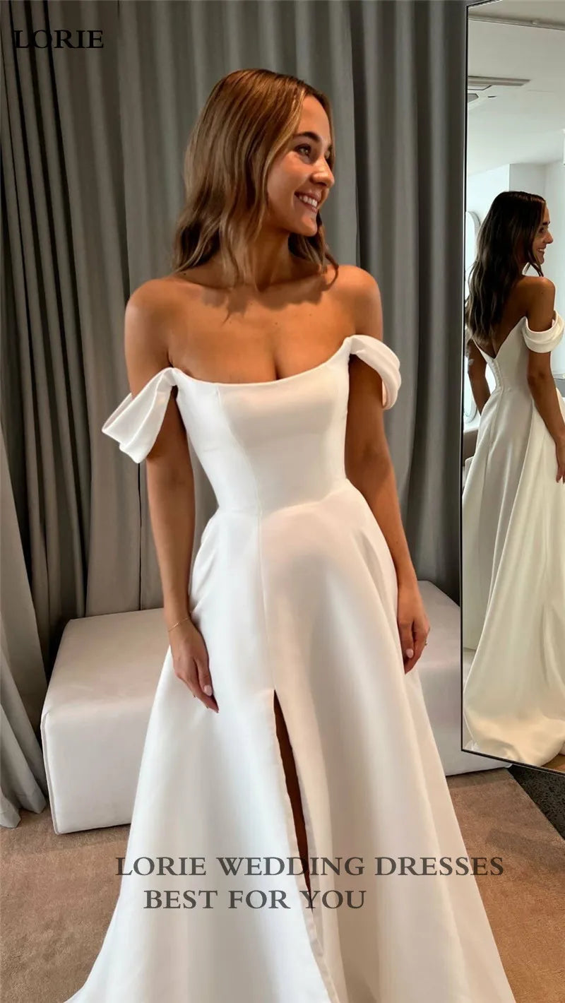 LORIE Soft Satin A Line Wedding Dresses Sleeveless Off The Shoulder Bridal Gowns Long Train Wedding Party Gowns 2023