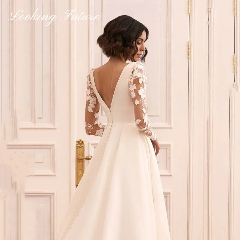 Robes de mariée en satin Morden A Line à col en V et manches longues, robes de mariée en dentelle avec appliques Plest, robe de mariée à balayage, train 2024