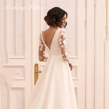 Robes de mariée en satin Morden A Line à col en V et manches longues, robes de mariée en dentelle avec appliques Plest, robe de mariée à balayage, train 2024