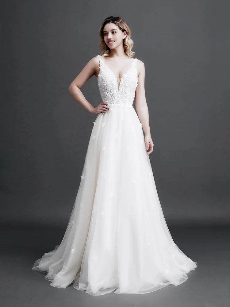 2024 Sexy Tempérament Dentelle Robe De Mariée Femme Col En V Sling Dos Nu Robe De Soirée Romantique Fleurs Applique Perle Robe De Mariée