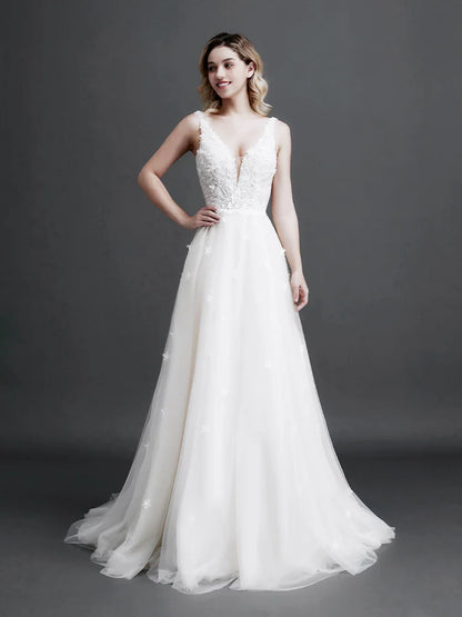 2024 Sexy Temperament Lace Wedding Gown Woman V-neck Sling Backless Evening Dress Romantic Flowers Applique Pearl Wedding Gown