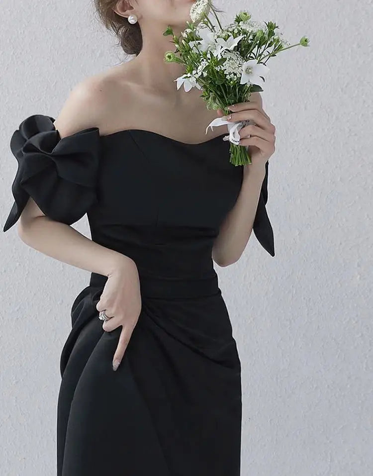 Sweet Bow Off The Shoulder Wedding Dresses New Satin Black Evening Dress Elegant Floor-length A Line Simple Sukienka Na Wesele