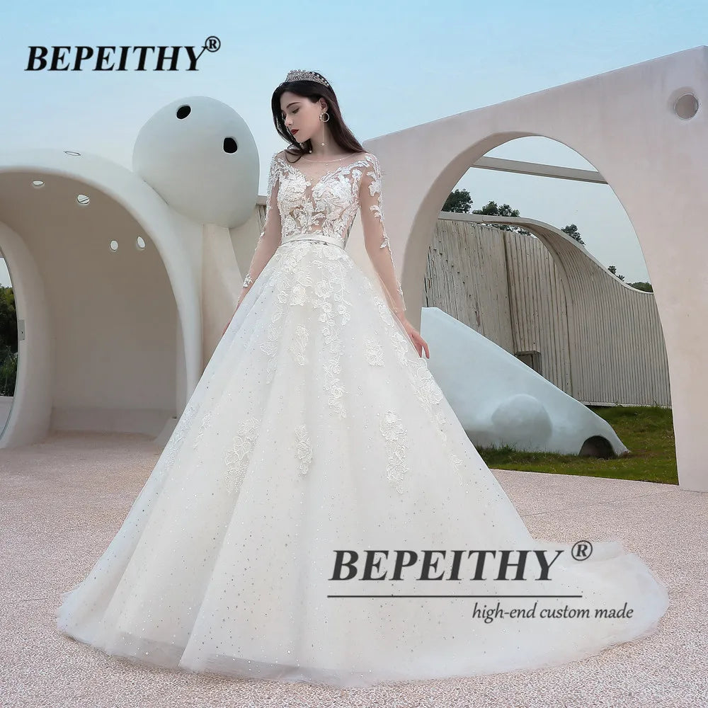 BEPEITHY A-Line Wedding Dresses For Women Full Sleeves Princess Stars Tulle Glitter Bridal Gowns Custom-made Bride Party Dress