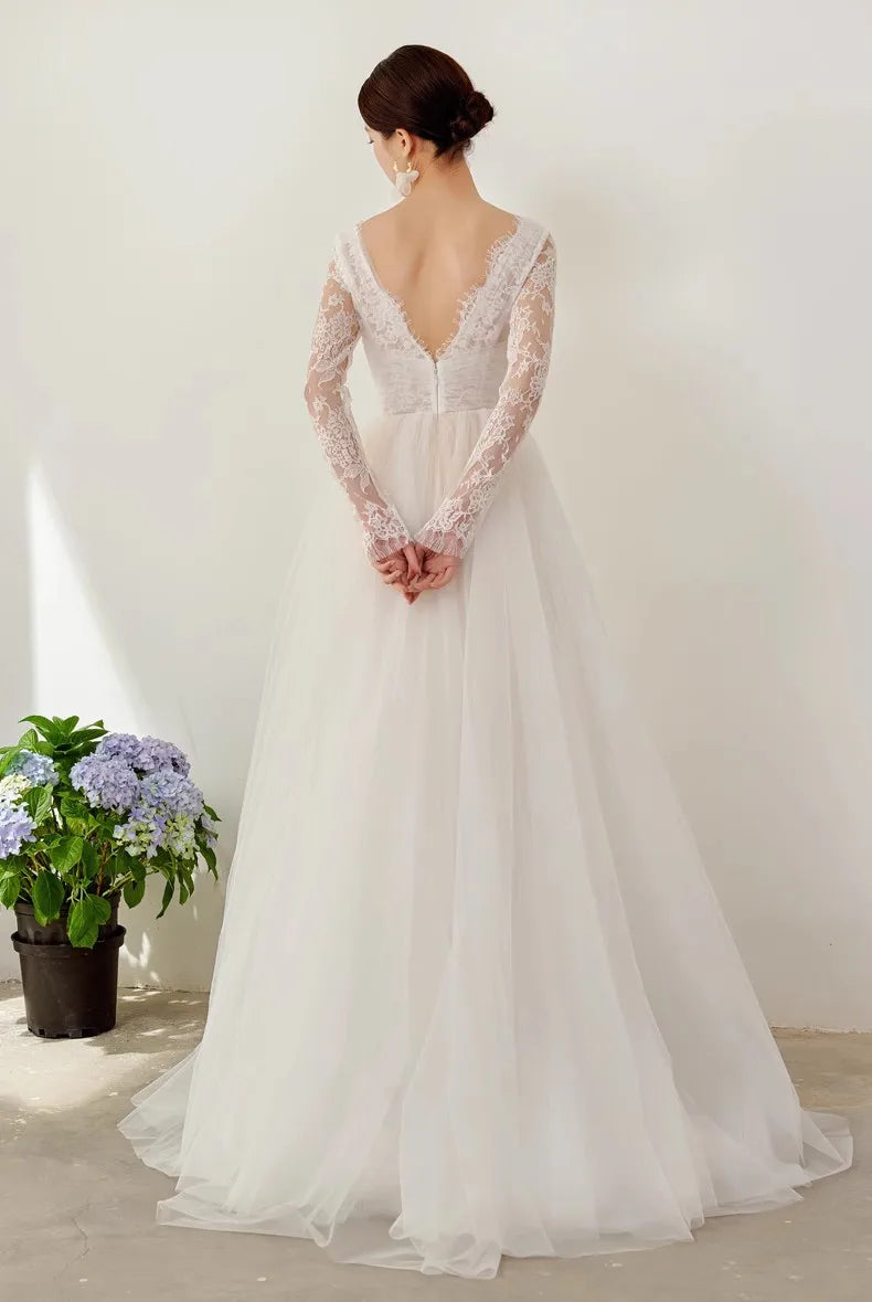 Wedding Dresses strapless Vestido De Noiva Elegant lace A-line long-sleeve plus size V-neck ball gown zipper