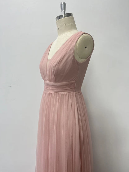 Robe de soirée élégante en tulle sans manches à col en V pour femme, nouvelle collection, coupe trapèze, en gaze moelleuse, robe de soirée de demoiselle d'honneur de mariage