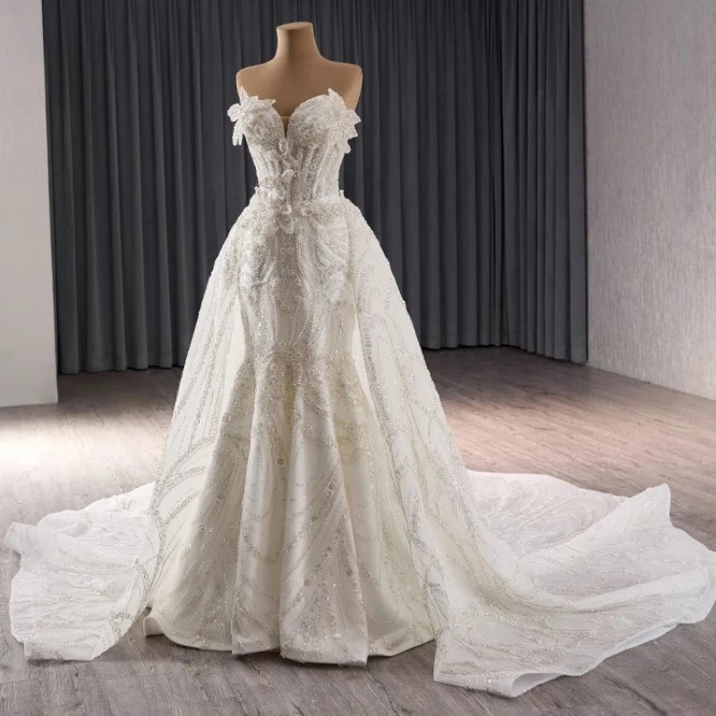 Robe de mariée de luxe mexicaine en forme de sirène avec traîne longue amovible et perles en cristal 2025