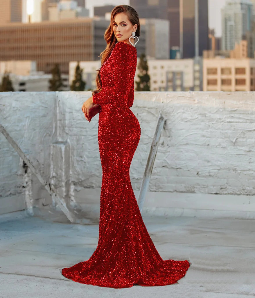 Women's red diamond sequined celebrity evening gown square neck long sleeved sequined wedding ball gown backless sexy slit eveni