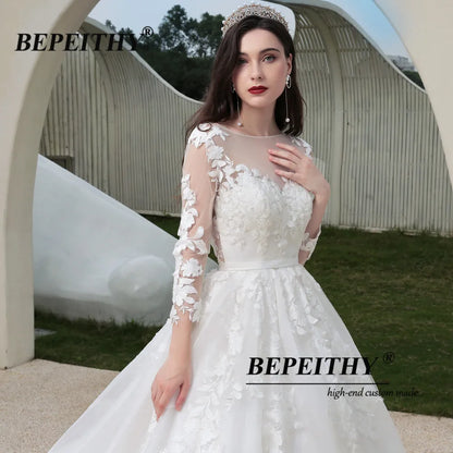 BEPEITHY Princesse Dentelle Robe De Mariée Manches Longues Romantique Dos Ouvert Sexy Robe De Bal Mariée Robe De Mariée De Mariée Pour Femmes 2023