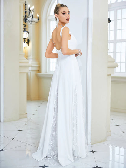 Robe de mariée sexy en dentelle blanche pour femme, longue robe à bretelles, sans manches, dos carré, coupe ajustée, robe de demoiselle d'honneur formelle