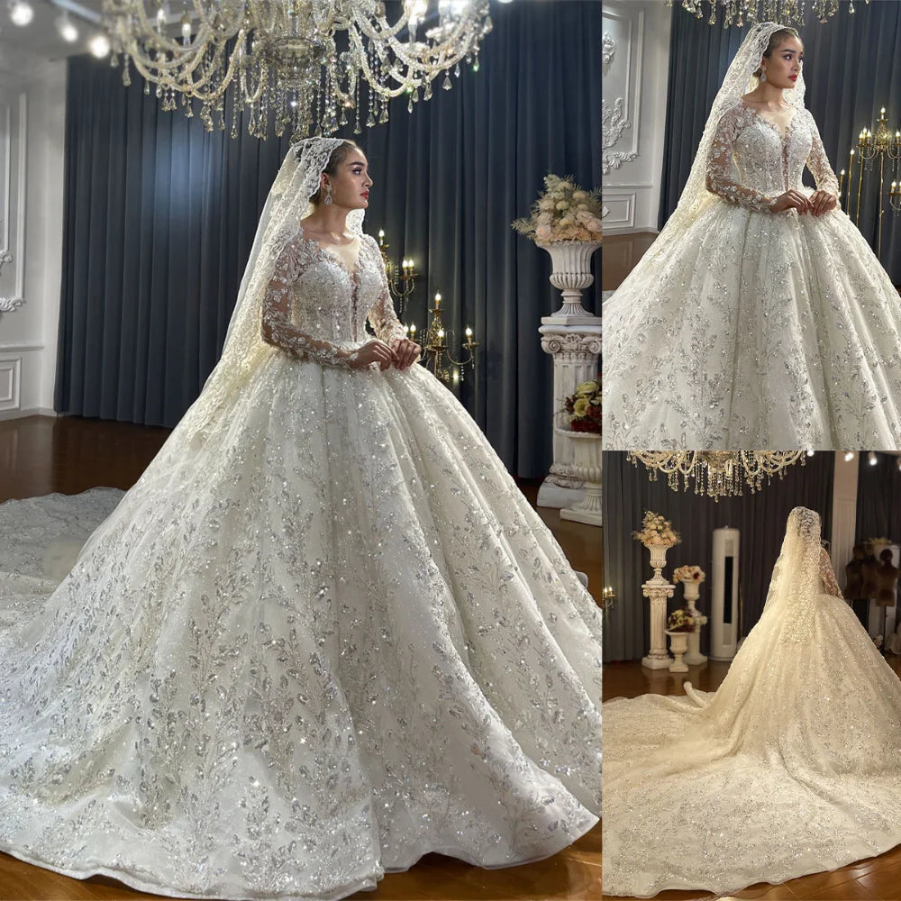 Gorgeous  A-Line Wedding Dress For Women Appliques Sequins Bridal Gown O-Neck Skirt Court Train Long Sleeves Dresses