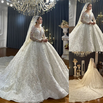 Superbe robe de mariée trapèze pour femmes, appliques, paillettes, robe de mariée, col rond, jupe, traine, manches longues