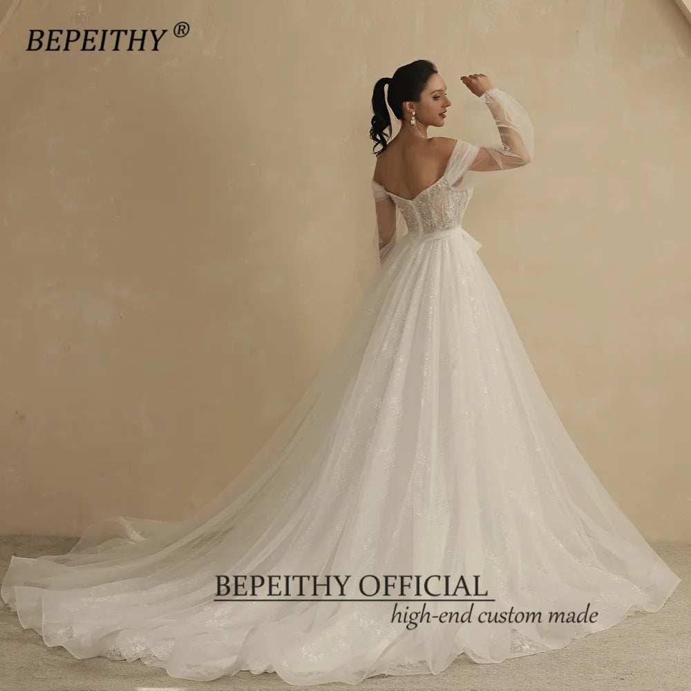 BEPEITHY Lovely A Line Lace Wedding Dress For Women 2023 Bride Off The Shoulder V Neck Puffy Sleeves Wedding Dresses Bridal