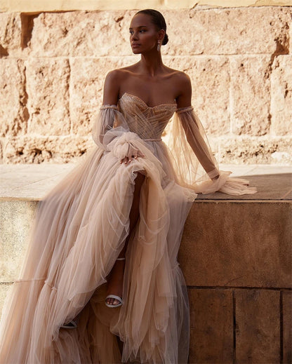 Robe de mariée bohème champagne à manches bouffantes, corset en os, perles, robe de mariée en cœur, tulle, ligne A, robes de mariée de plage pour femmes