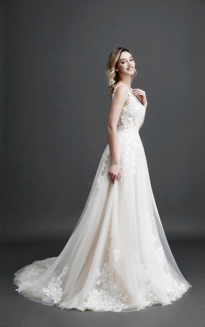 Robe de mariée élégante en dentelle A-Line pour femme, coupe ajustée, col en V, dos nu, robe de mariée, nouvelle collection 2024, robe de soirée avec appliques de fleurs 3D